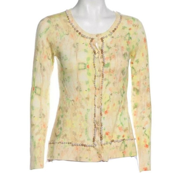 Zac Posen Cardigan Medium Pastel Watercolor Floral Yellow Silk Beaded Sweater - Picture 1 of 12